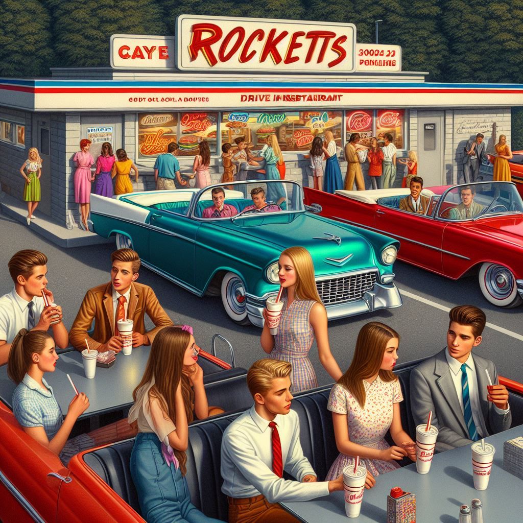 Teens gathering outside a 1950s diner with classic cars parked in front