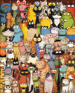 Dense crowd of colorful cartoon cats with varied expressions and styles illustrated together