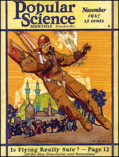 1927 Popular Science magazine cover with aviator flying over futuristic city