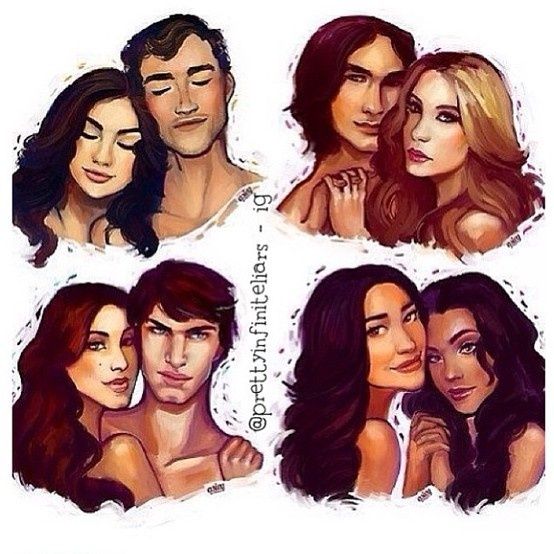 Illustrated collage of four romantic couples in close-up portrait poses on a white background