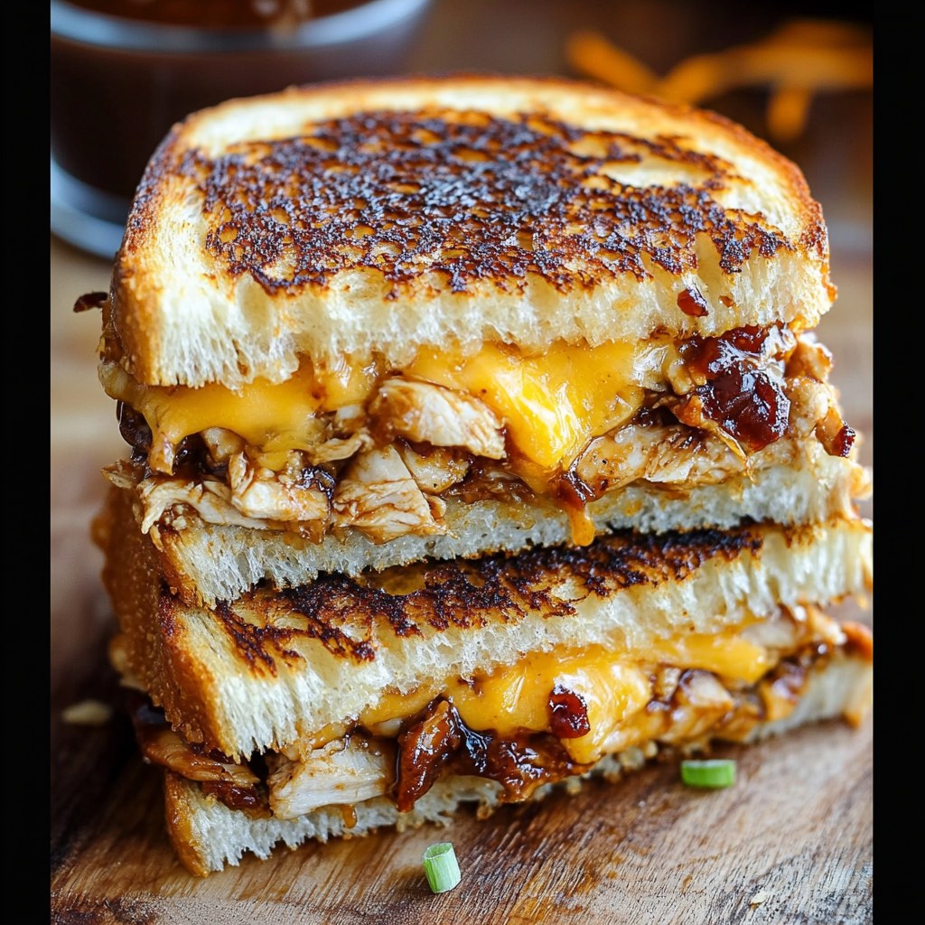 Stack of three grilled cheese sandwiches with melted cheese and caramelized onions on a wooden cutting board
