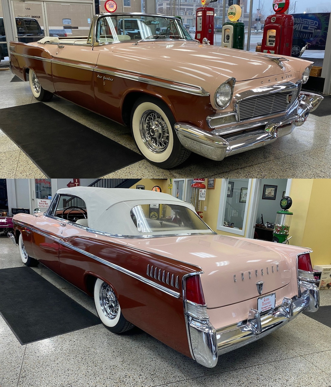 1956 Chrysler New Yorker convertible in pink and burgundy two-tone, front and rear views in showroom
