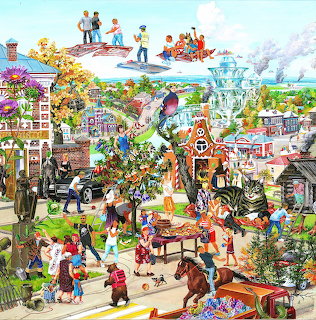 Detailed folk art painting of a vibrant village scene with people, animals, houses, and whimsical fantasy elements