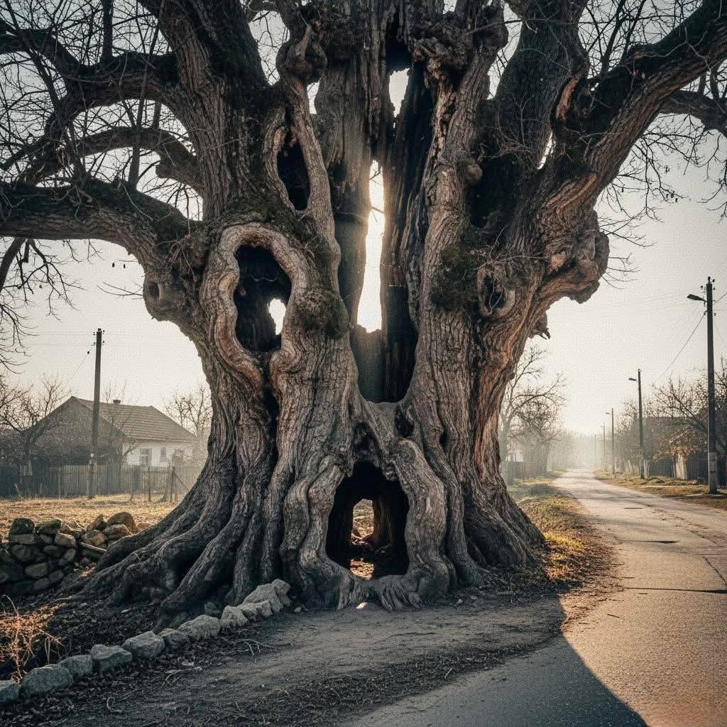 Large hollow tree trunk with multiple cavities on a foggy rural road