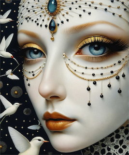 Porcelain face adorned with ornate gold jewelry, turquoise gems, and black beads around eyes