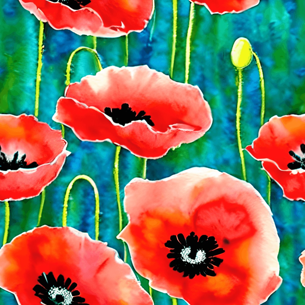 Watercolor painting of bright red poppies with black centers on turquoise background