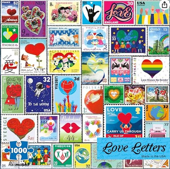 Grid collage of international love-themed postage stamps with hearts, flowers, and romantic symbols
