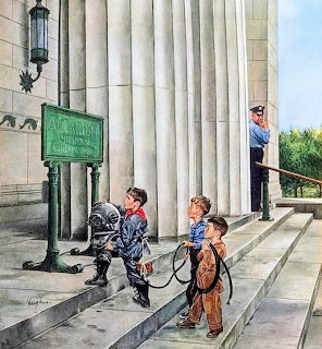 Children with nets at columned building entrance, vintage illustration by George Hughes