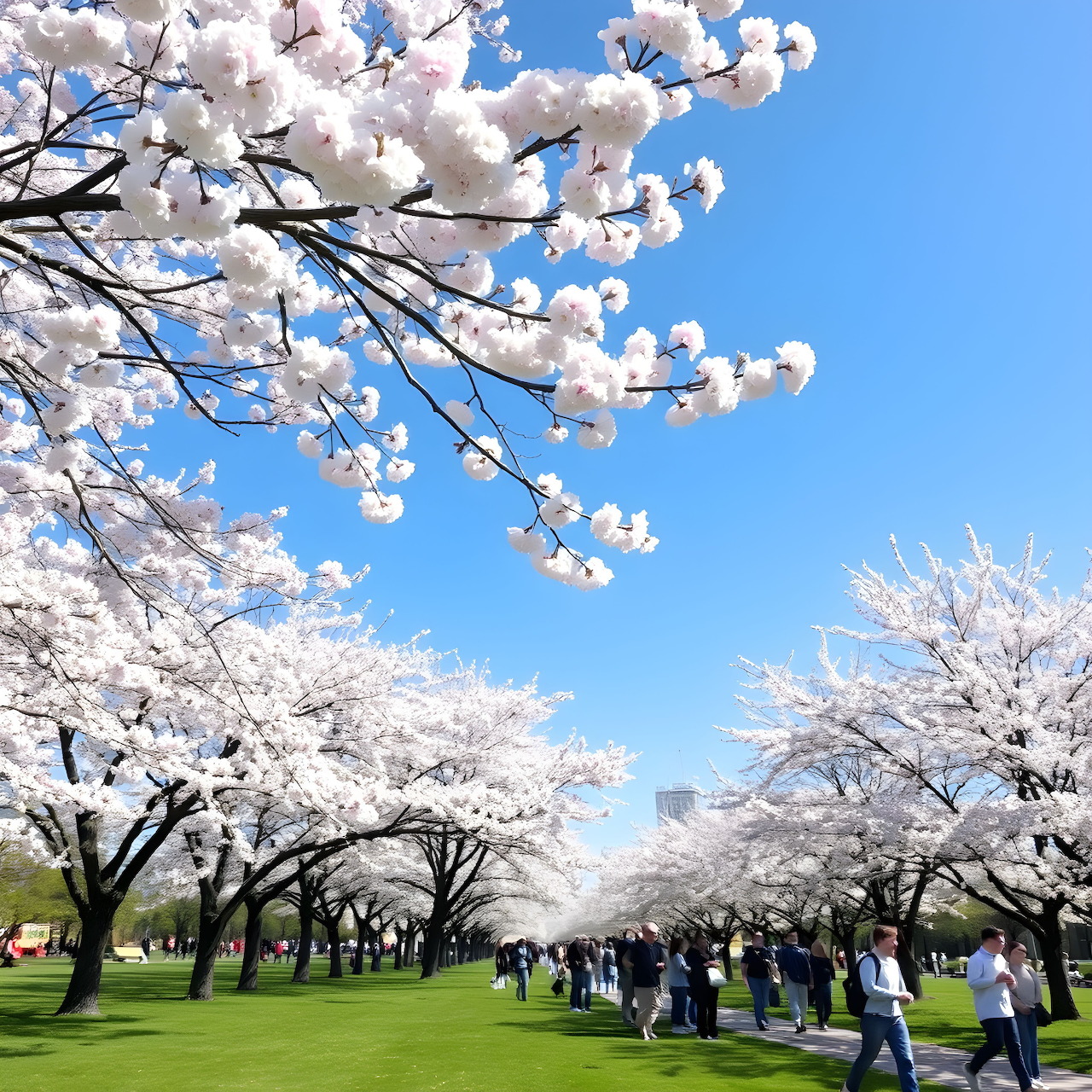 Cherry blossom trees in full bloom with people walking on park path under blue sky