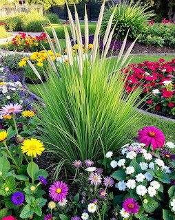 Ornamental grass plant surrounded by colorful blooming flowers in a garden center display