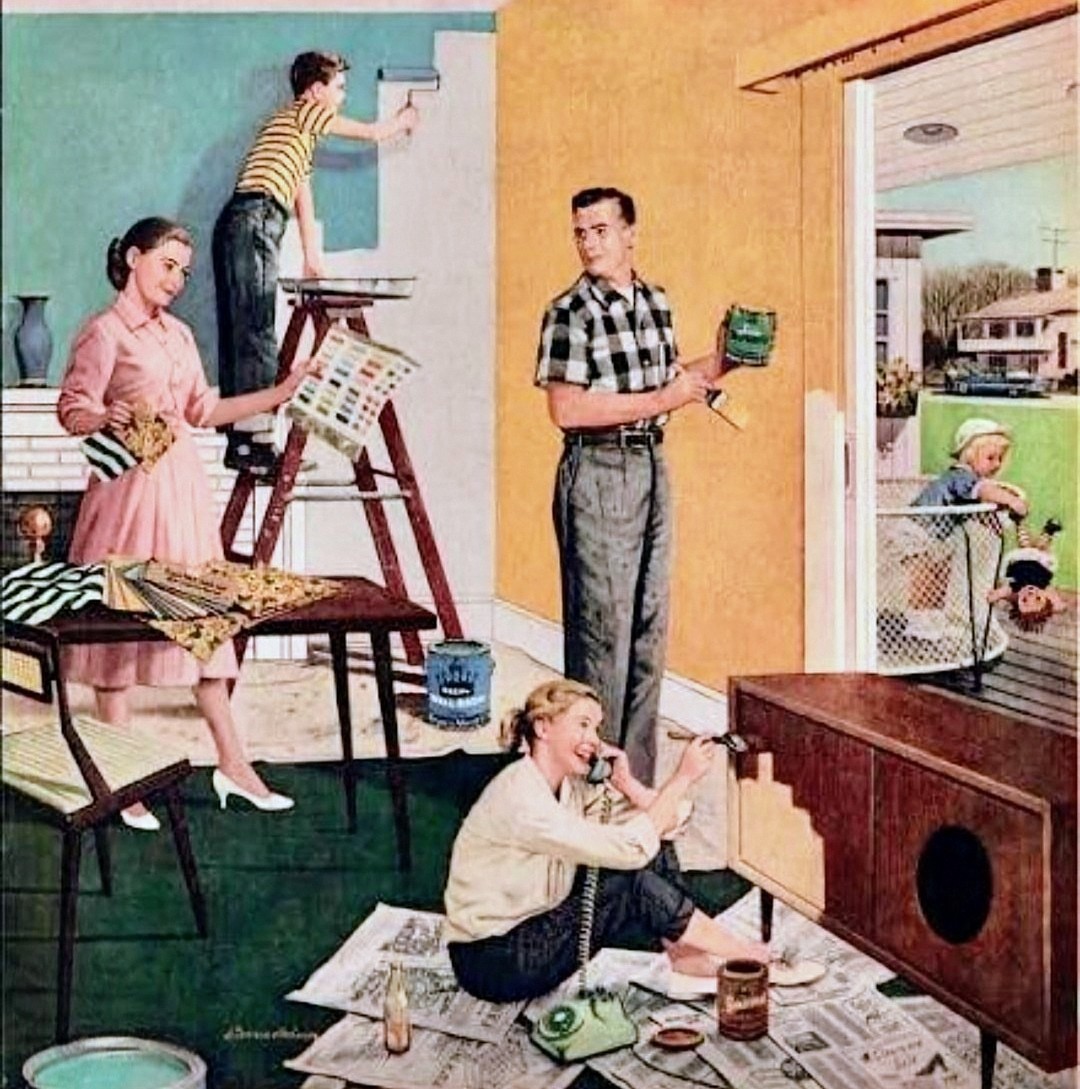 Vintage illustration of a family painting and decorating their home together in 1950s style