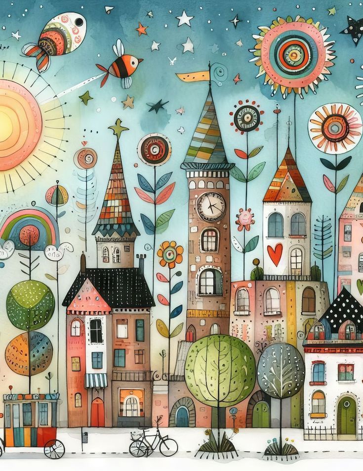 Whimsical folk art illustration of tall decorative buildings with flowers, suns, birds and bikes