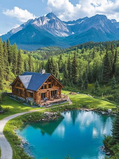 Log Cabin by Mountain Lake