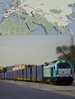 Map of rail route from Madrid to China and a freight train with colorful shipping containers