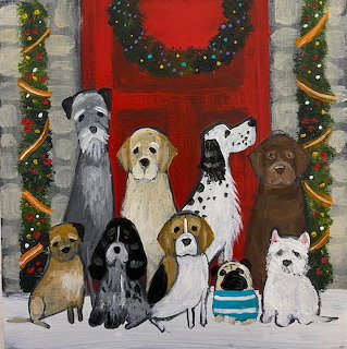 Painting of nine dogs in front of a red door with Christmas wreath and garland