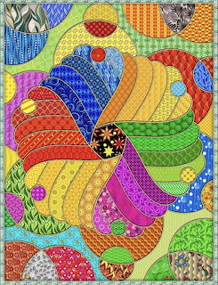 Colorful zentangle-style illustration of a turkey with intricate patterned feathers in many bright colors