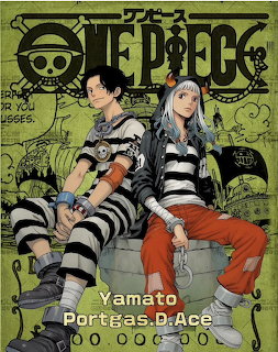 Two anime characters in black and white striped prison uniforms sitting casually, One Piece themed illustration
