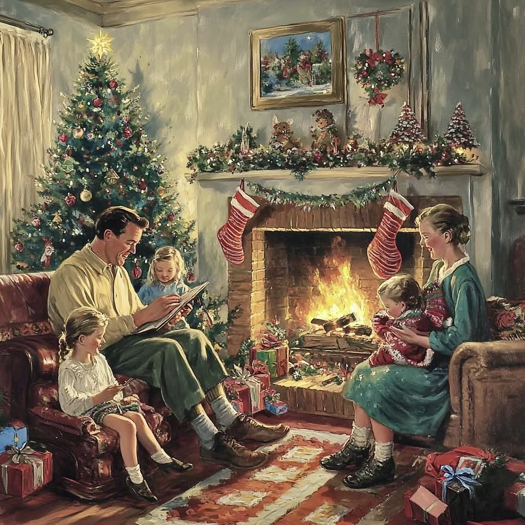 Vintage painting of family celebrating Christmas by fireplace with decorated tree and stockings