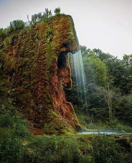 Waterfall flowing down moss-covered rock cliff in green forest with stream below