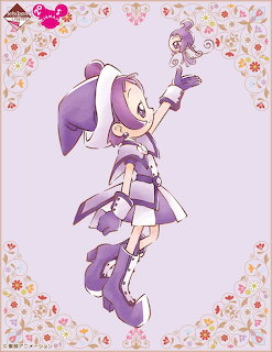 Anime girl Segawa Onpu in a purple magical outfit with a floral border