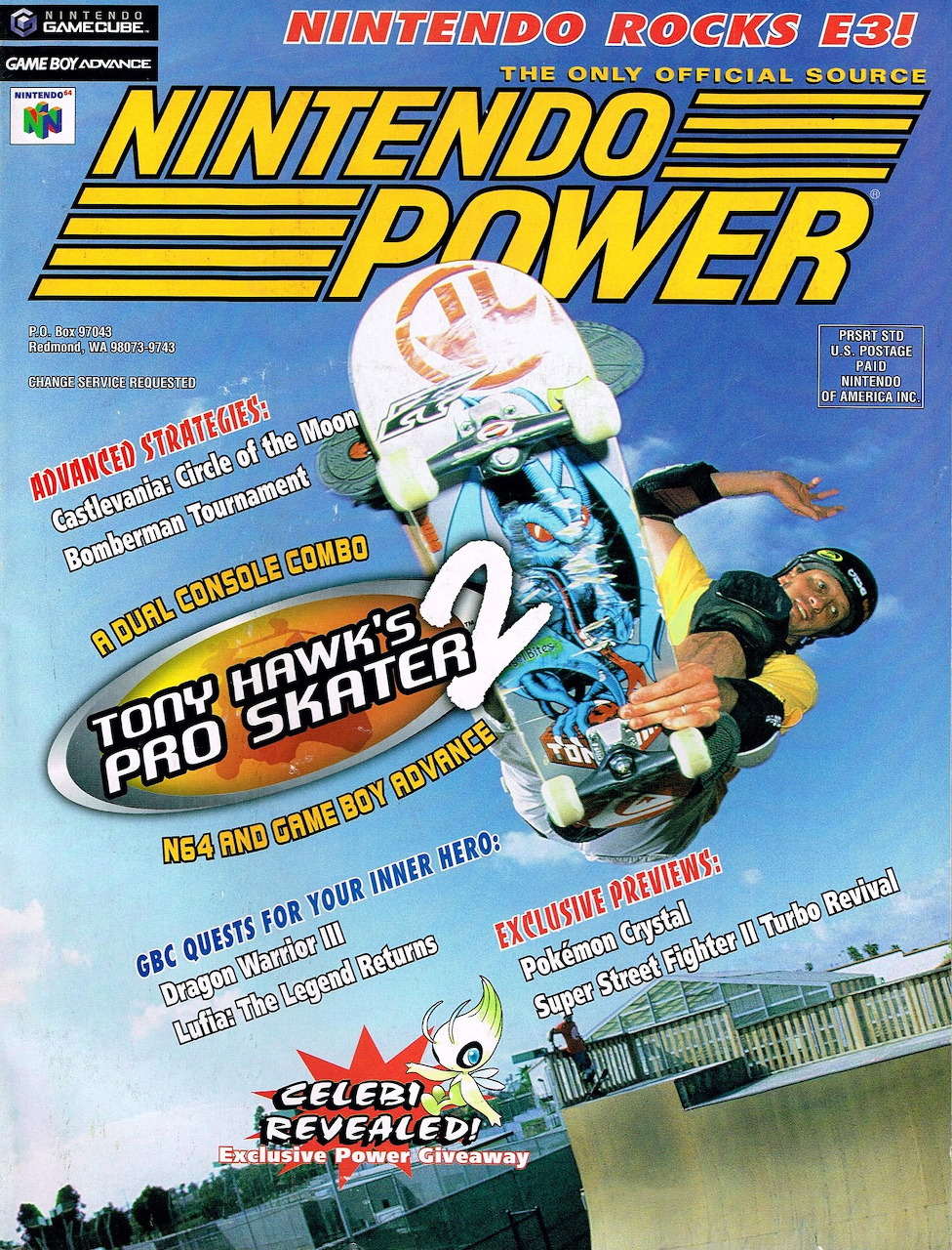 Nintendo Power magazine cover with skateboarder performing aerial trick for Tony Hawk's Pro Skater 2