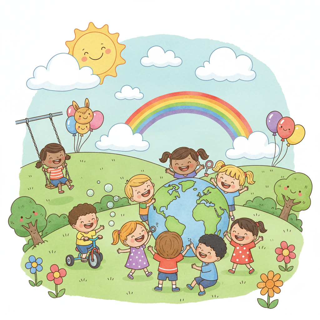Cartoon children playing outdoors with rainbow, balloons, and flowers under sunny sky