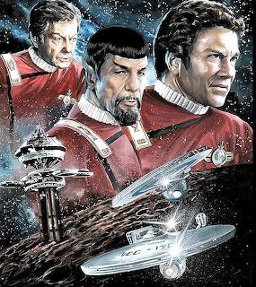 Three Star Trek officers in red uniforms with starships flying through space