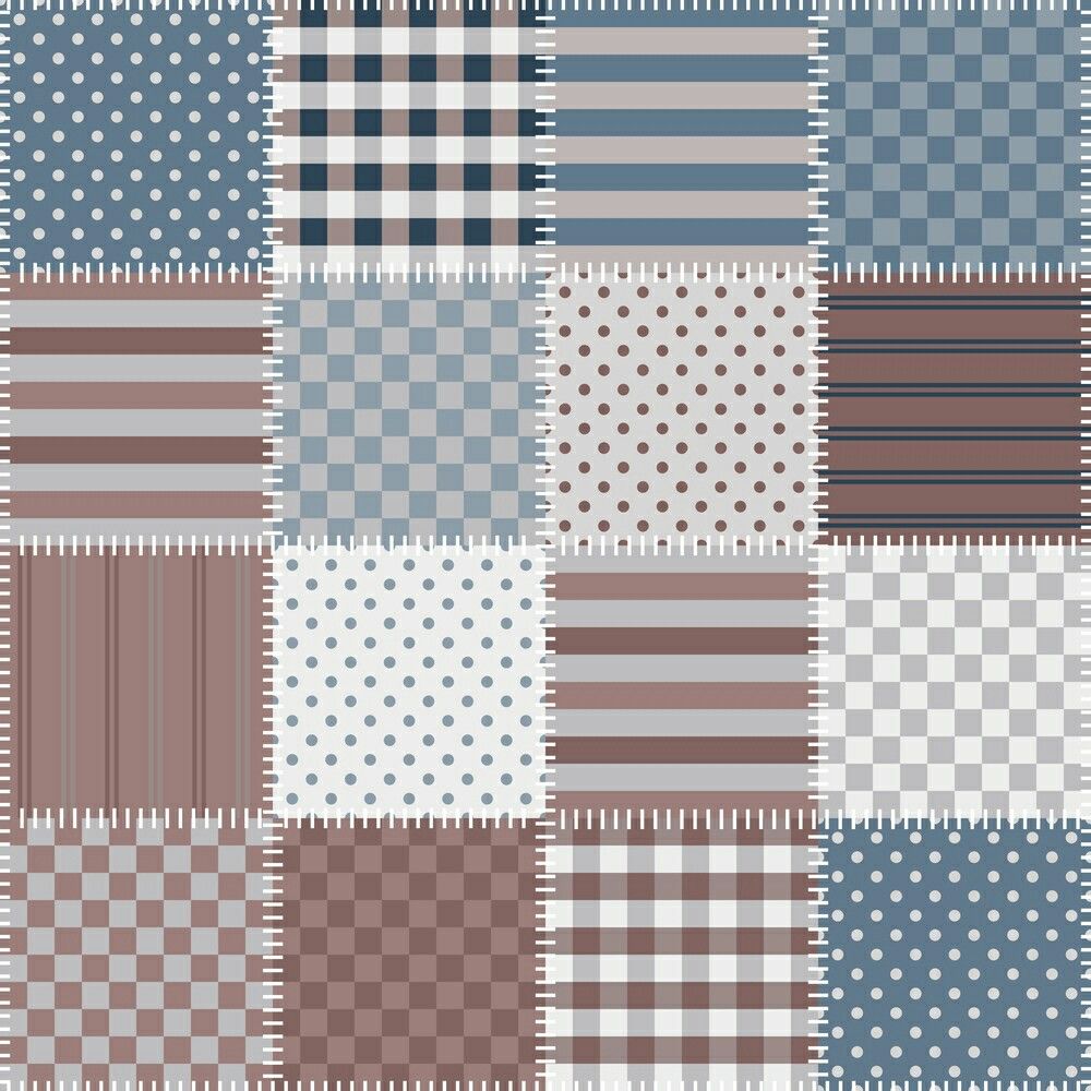 Patchwork quilt with stars, stripes, checks, and dots in red, white, and blue
