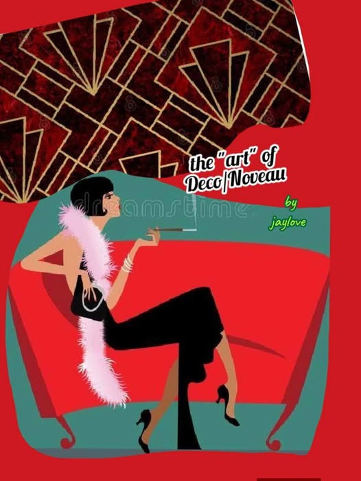 Art Deco illustration of a glamorous flapper woman in black dress with white feather boa on red background