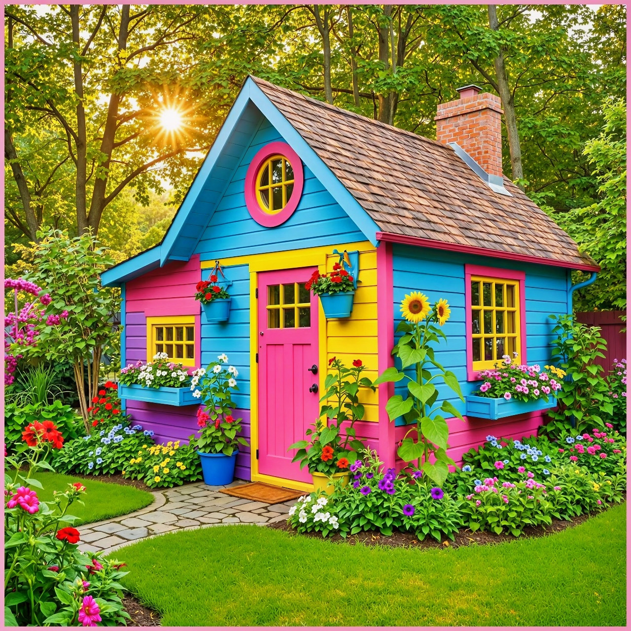 Bright blue cottage with pink door, yellow windows, flower boxes and garden plants on green lawn