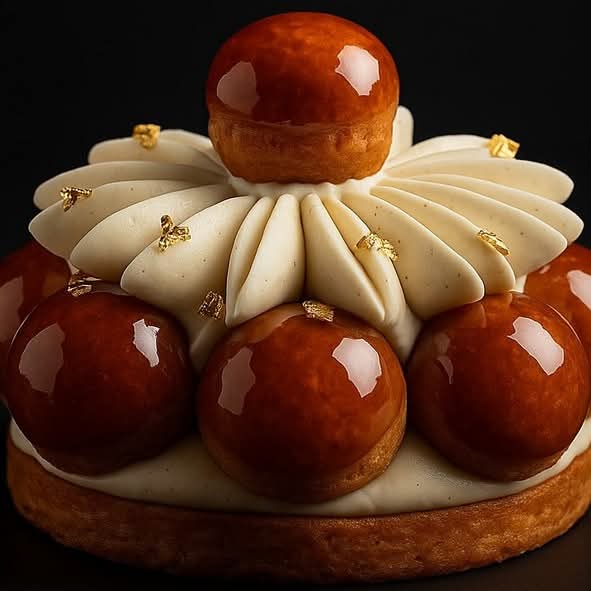 Circular pastry with glossy spheres, cream rosettes, and central dome on dark background