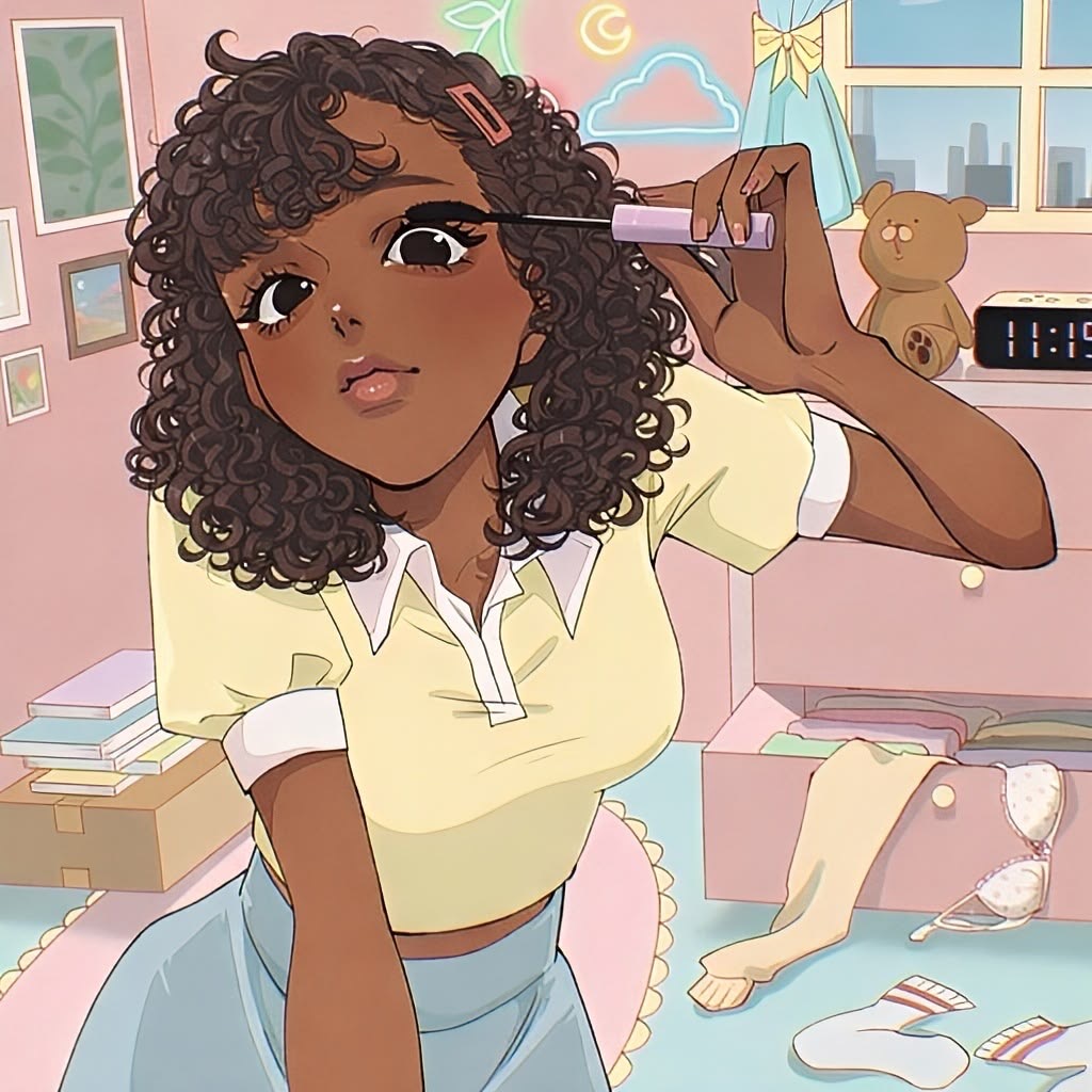 Illustrated girl with curly hair studying at desk in colorful bedroom
