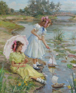 Painting of two girls in dresses playing with a toy sailboat at a river's edge with a bridge in the background
