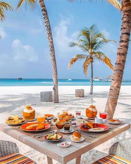 Breakfast table on a tropical beach with palm trees and turquoise ocean
