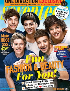 Magazine cover showing five young men posing together with colorful text overlays and headlines