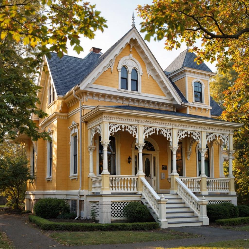 Yellow Victorian house with white decorative trim and front porch stairs framed by fall foliage