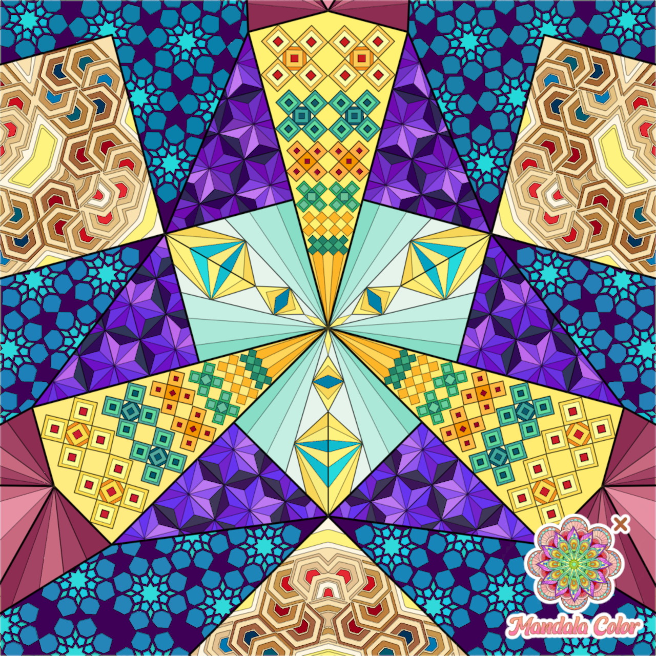 Colorful geometric mandala with star pattern, ornate corners, and radiating triangular sections in purple, yellow, and blue