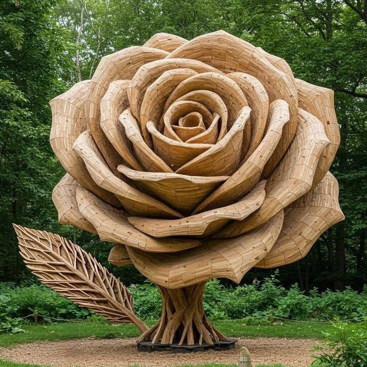 Large carved wooden rose sculpture with a leaf in a forest setting