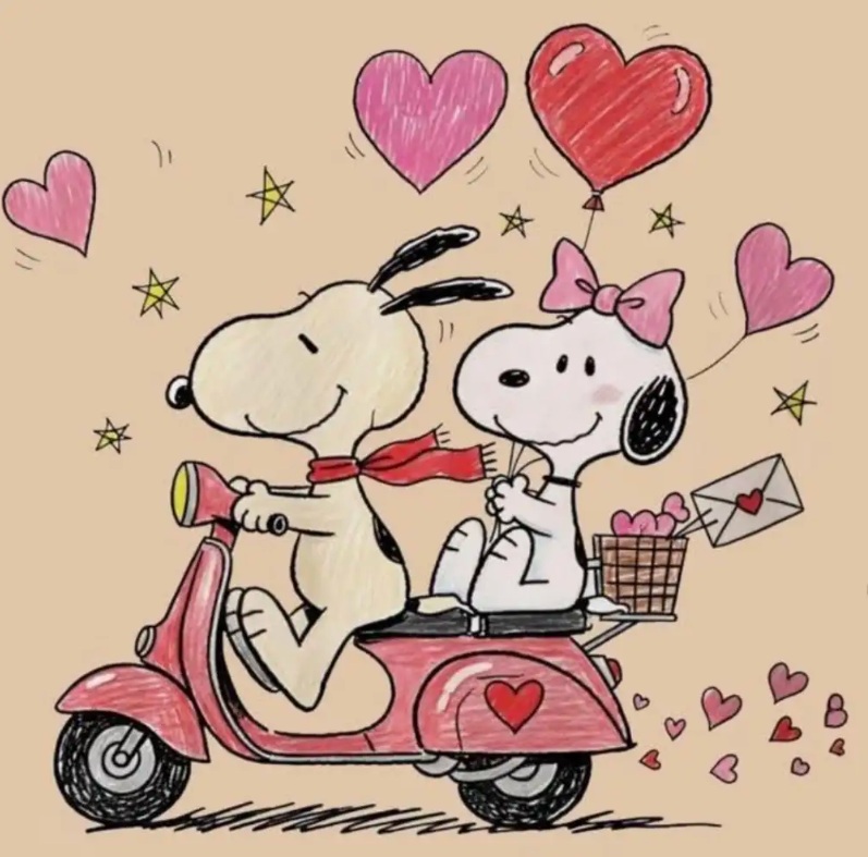 Snoopy rides a pink scooter with another beagle, surrounded by hearts, stars, and a love letter.