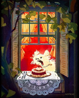 Painting of a fluffy white dog biting a cake on a table in a lit window