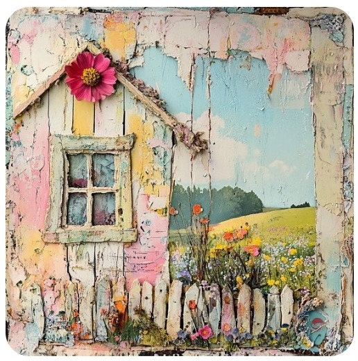 Textured artwork showing rustic house facade with pink flower, window, picket fence and colorful garden