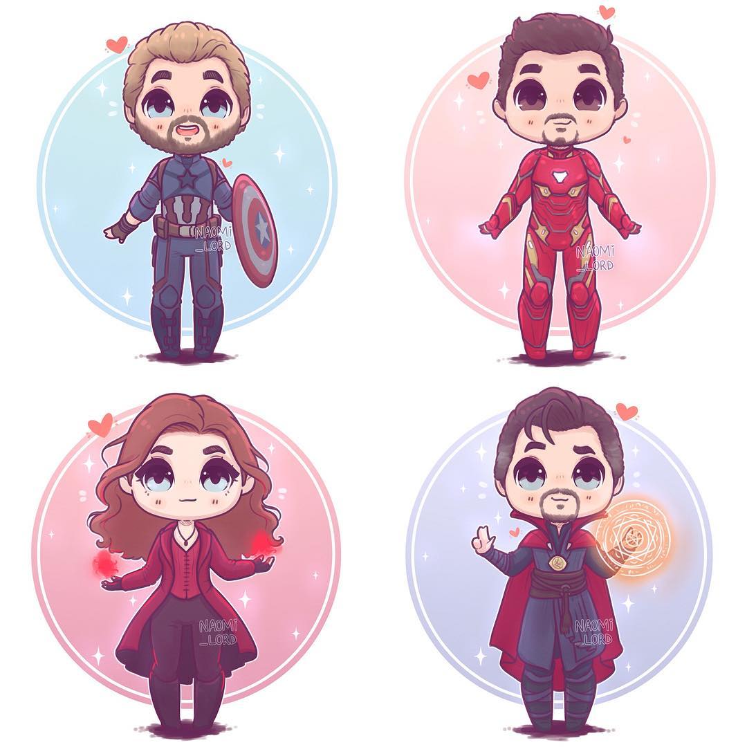 Chibi Marvel characters Captain America, Iron Man, Scarlet Witch, and Doctor Strange in four pastel circles