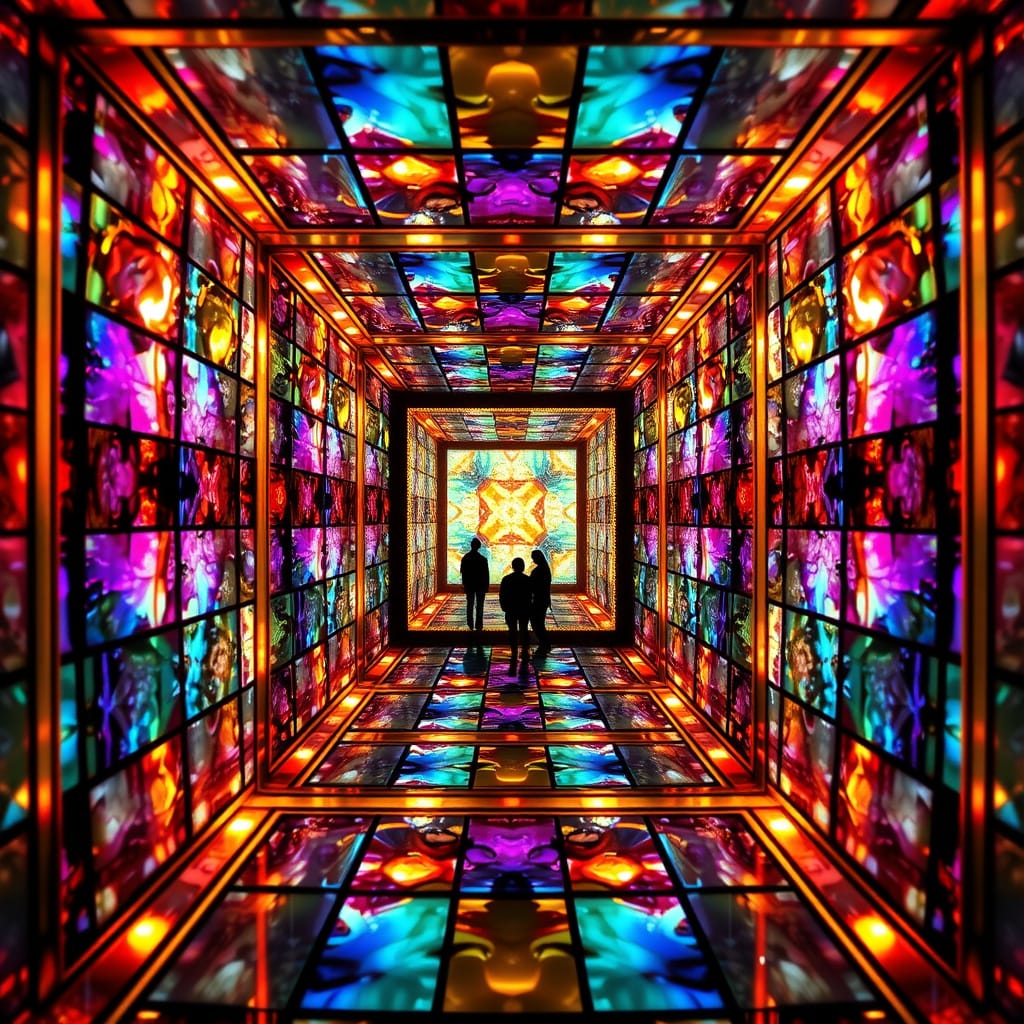 Colorful stained glass tunnel with two silhouetted people at the far end