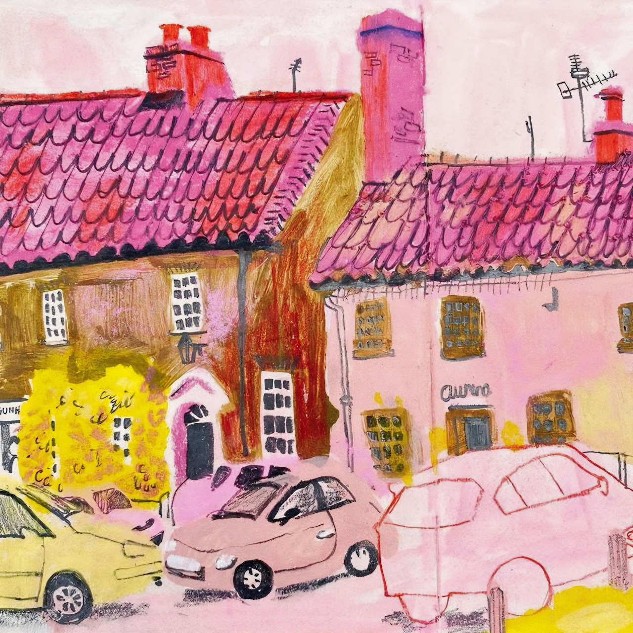 Watercolor illustration of pink-roofed cottages with yellow walls and parked cars in a village setting