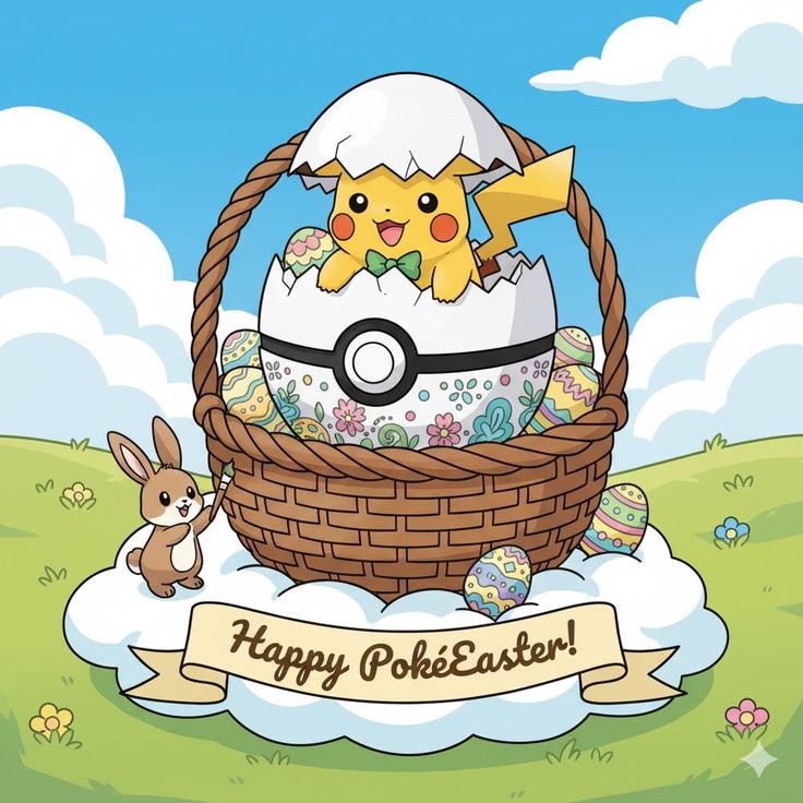 Illustration of Pikachu in a cracked Easter egg inside a basket with pastel eggs and a Happy PokEaster banner