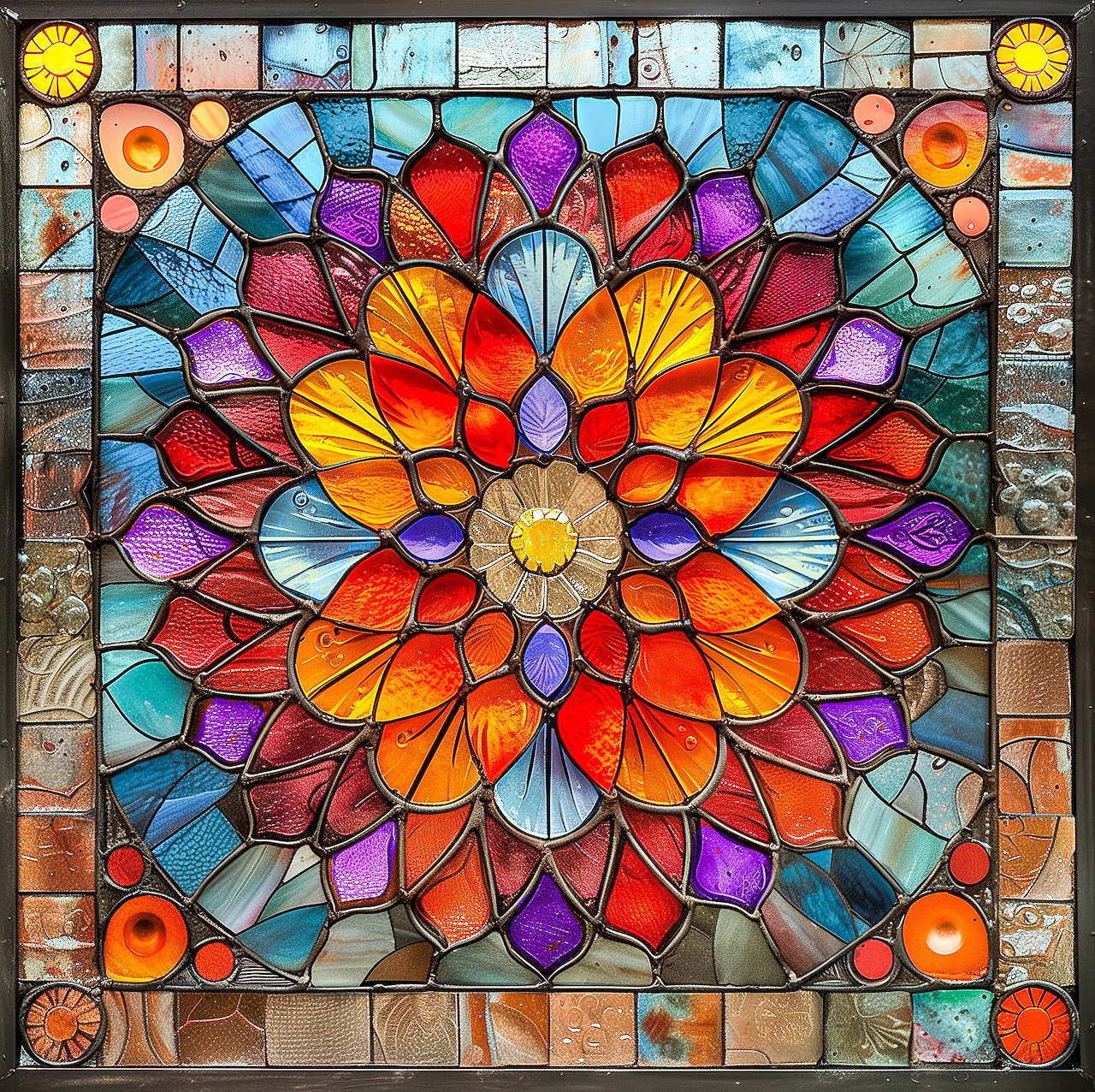 Colorful stained glass mandala with symmetrical floral pattern in orange, blue, purple, and yellow hues