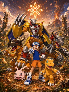 Boy with goggles standing with several Digimon creatures in a fiery forest scene