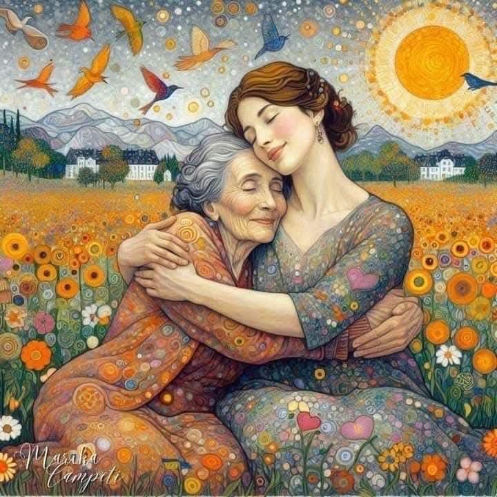 Stylized painting of two women embracing in a field of colorful flowers beneath a bright sun