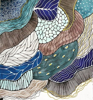 Abstract art with flowing curved shapes filled with intricate line patterns, dots, and textures in blue and earth tones