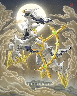 Arceus Pokémon floating in clouds with golden wheel and full moon behind